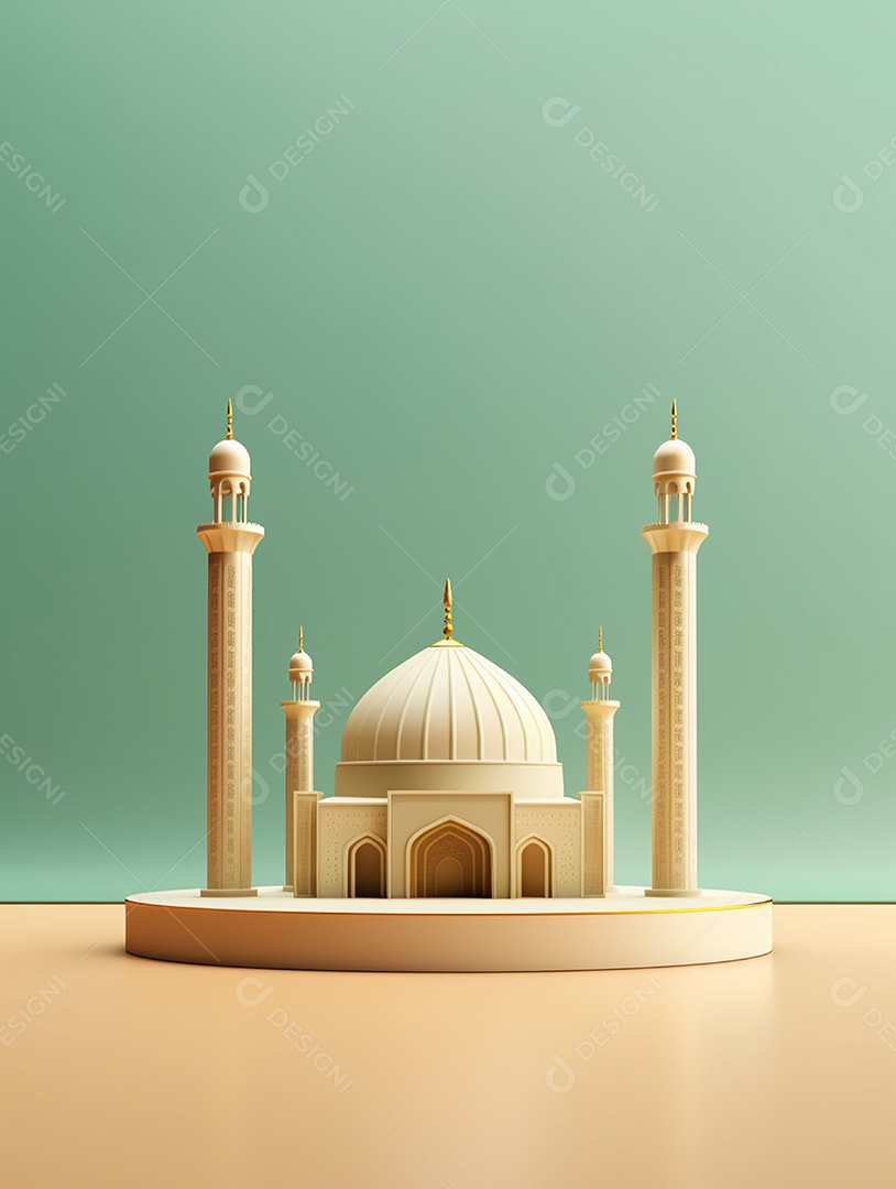 Mesquita islâmica bege com cúpula e torres.