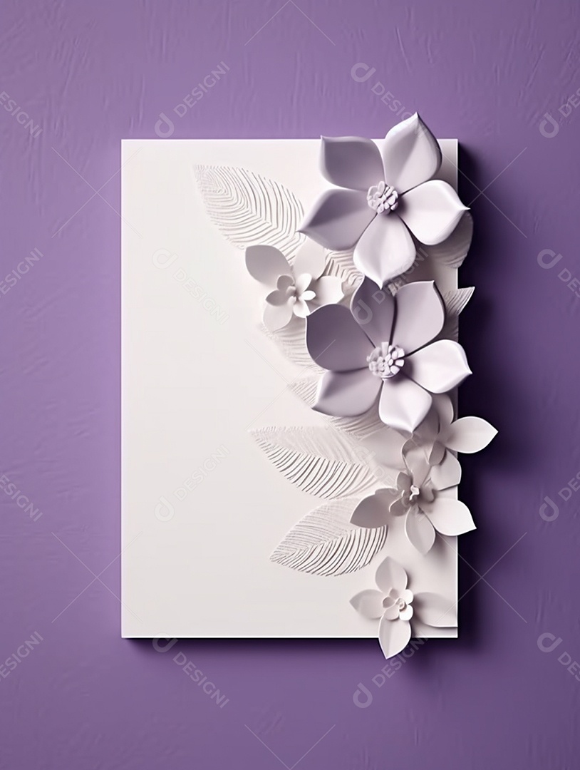 Papel em branco sobre fundo lilás com buquê de flores brancas.