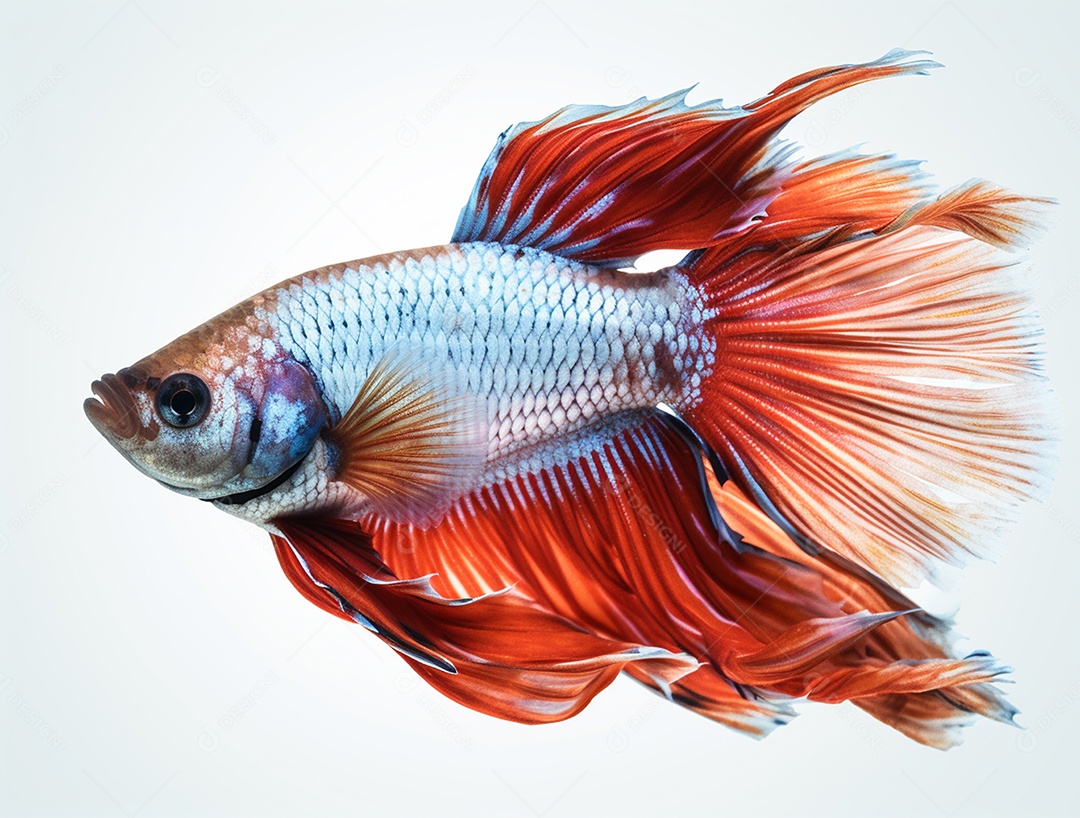 Peixe betta colorido nadando sobre fundo isolado branco.