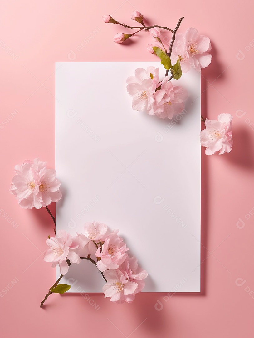 Papel em branco sobre fundo rosa com buquê de flores.