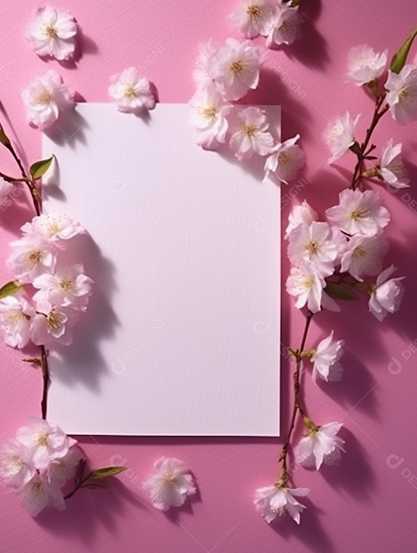 Papel em branco sobre fundo rosa com buquê de flores.