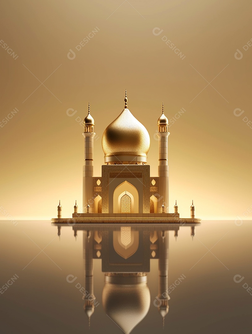 Mesquita islâmica bege com cúpula e torres.