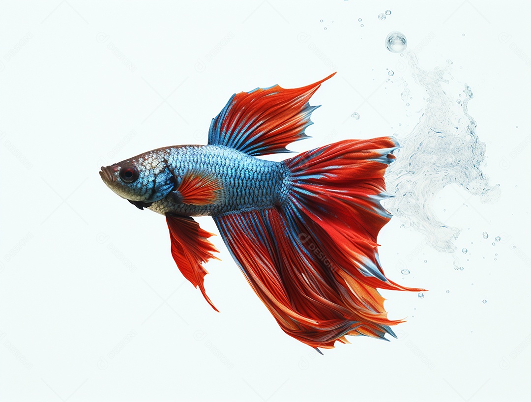 Peixe colorido nadando sobre fundo isolado branco.