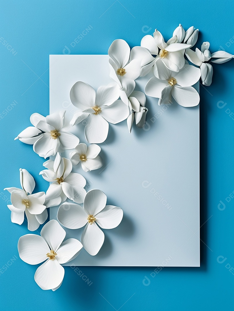 Papel em branco sobre fundo isolado azul com flores brancas.