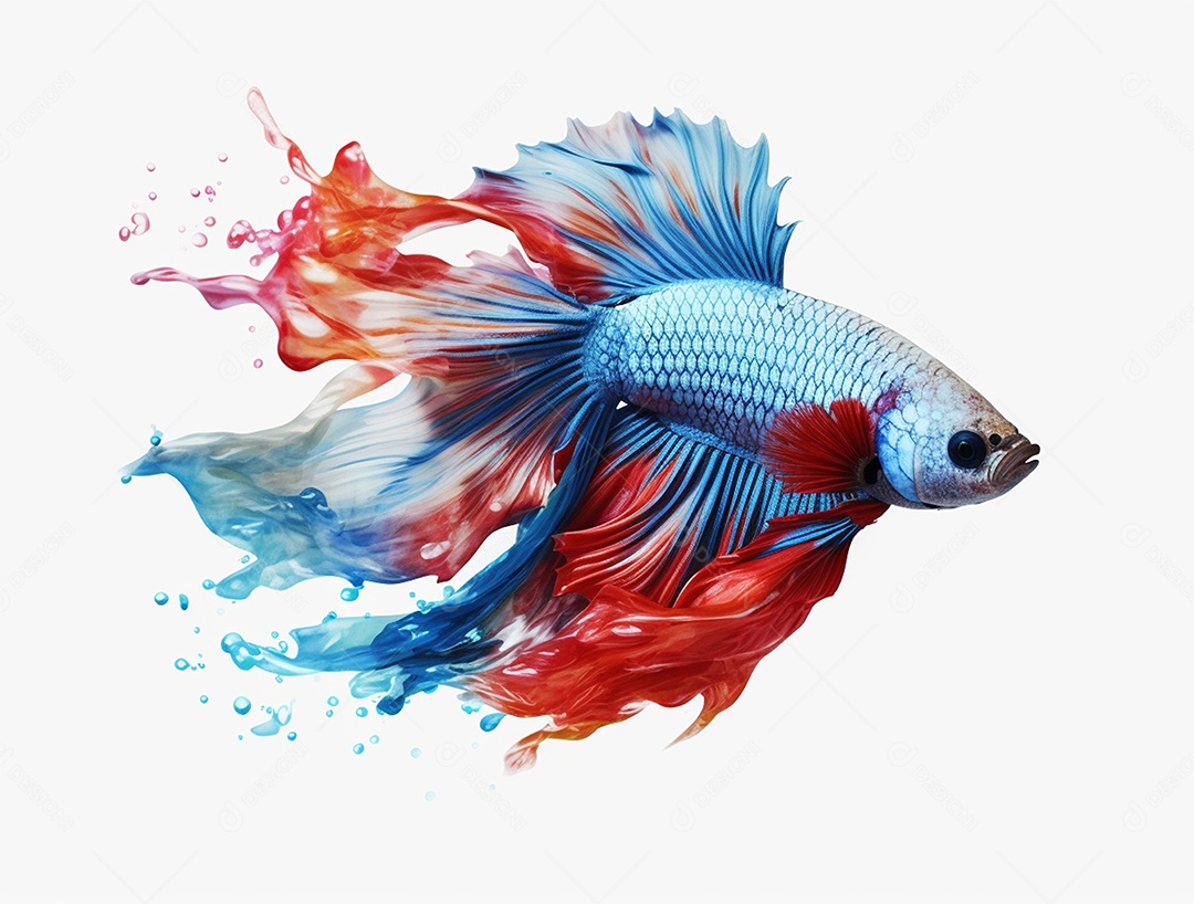 Peixe betta colorido nadando sobre fundo isolado branco.