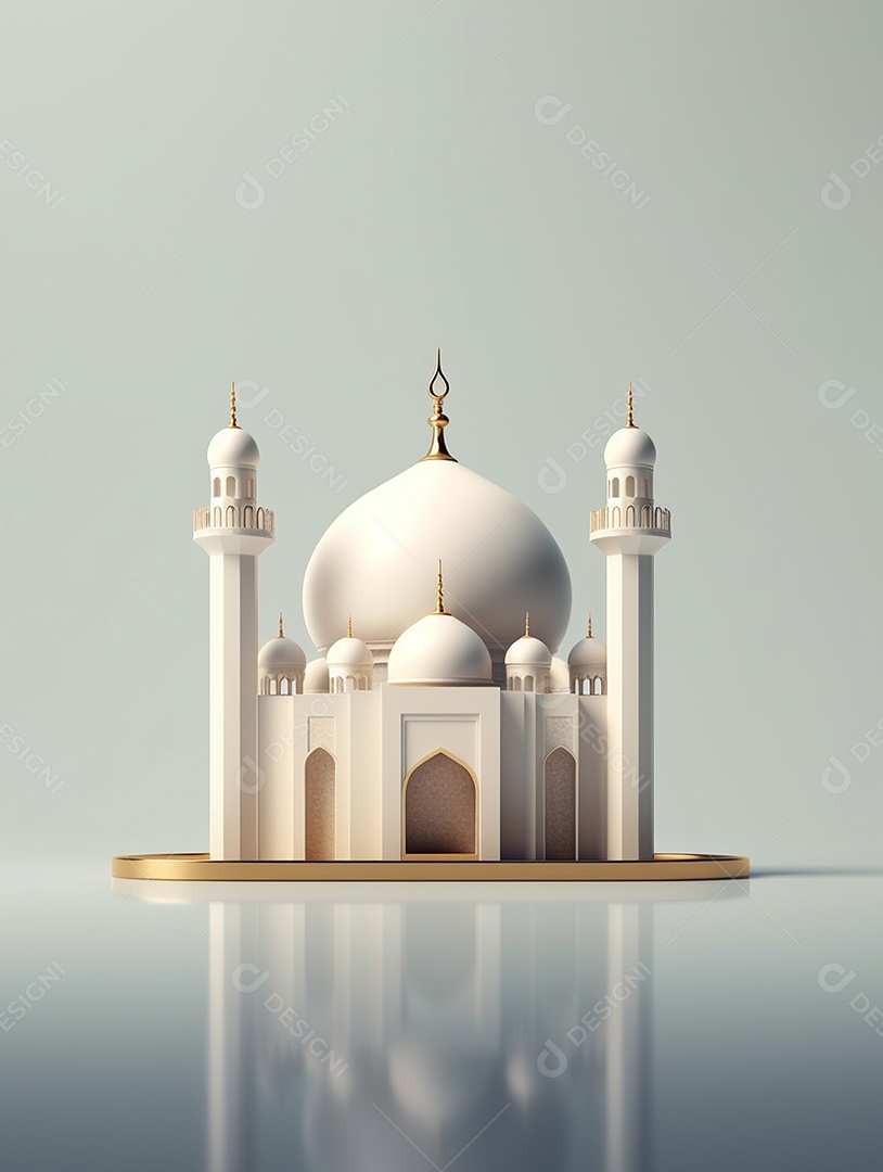 Mesquita islâmica branca com cúpula e torres.