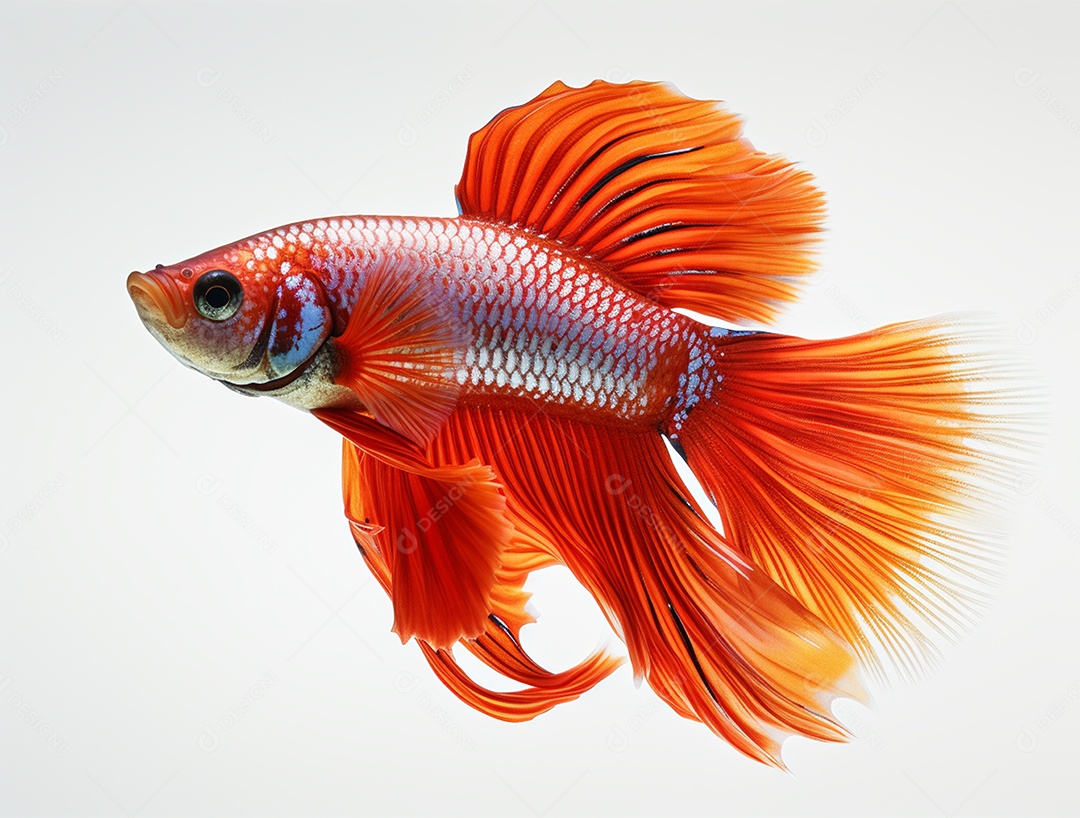 Peixe betta colorido nadando sobre fundo isolado branco.