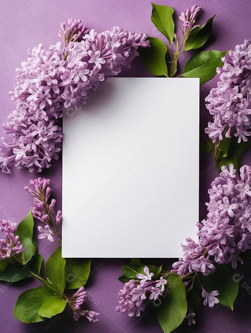 Papel em branco sobre fundo lilás com flores.