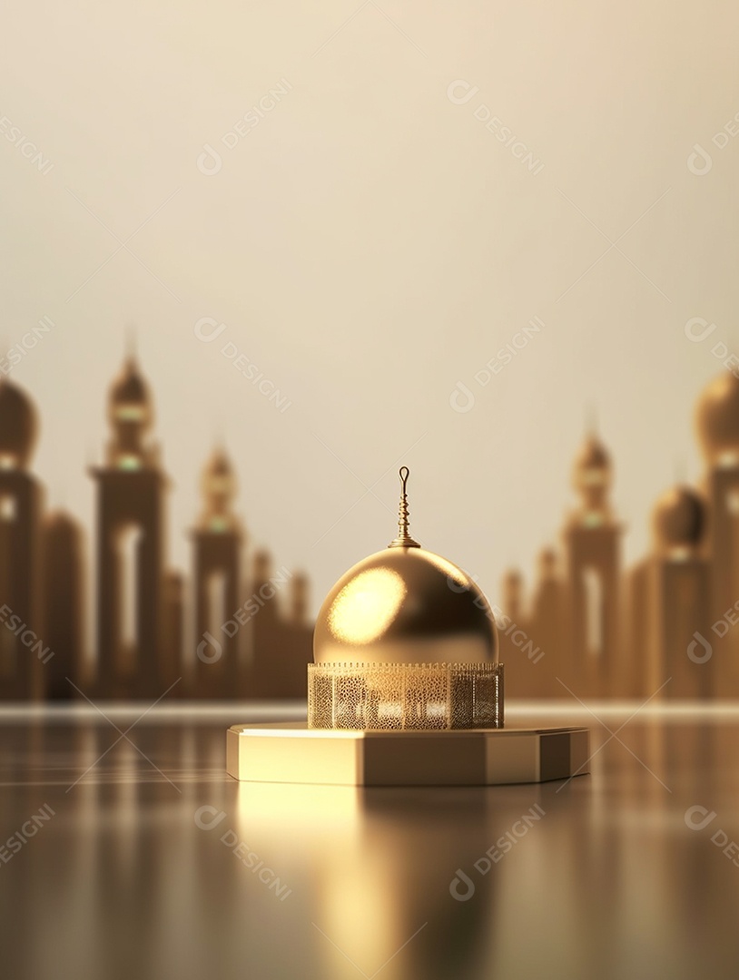 Base de ouro e cúpula dourada sobre fundo desfocado com torres islâmica.