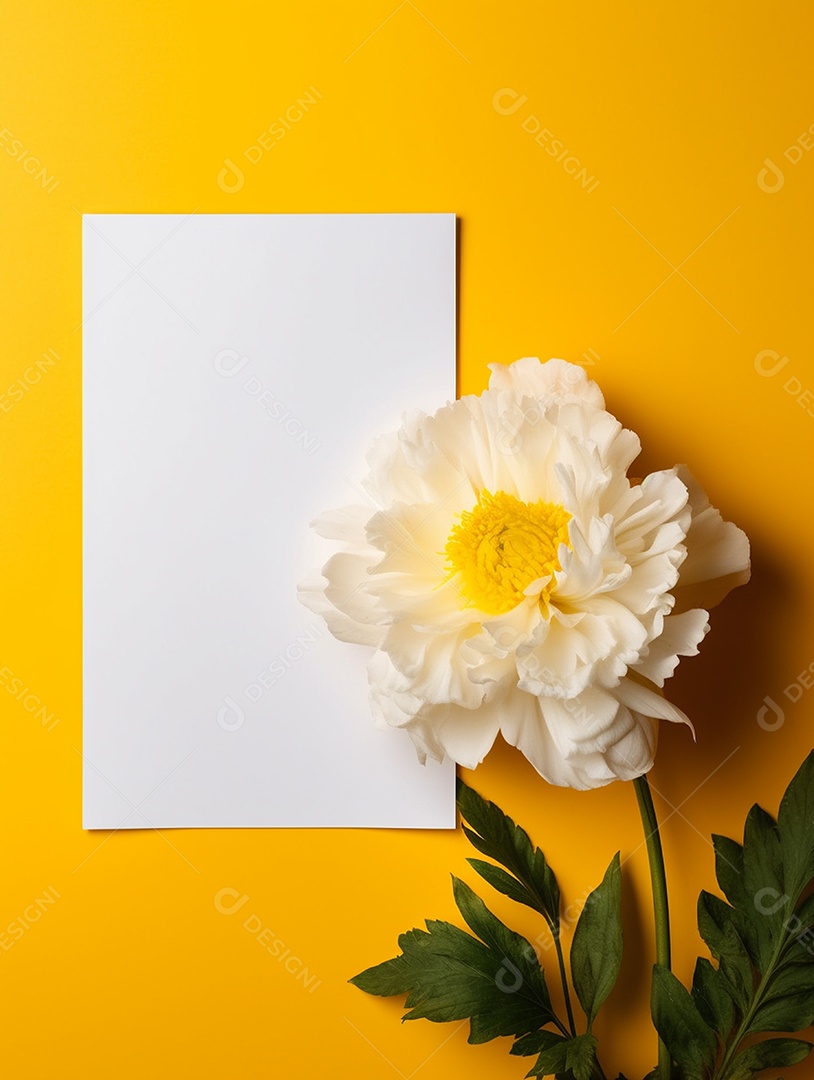 Papel em branco sobre fundo amarelo com uma flores.