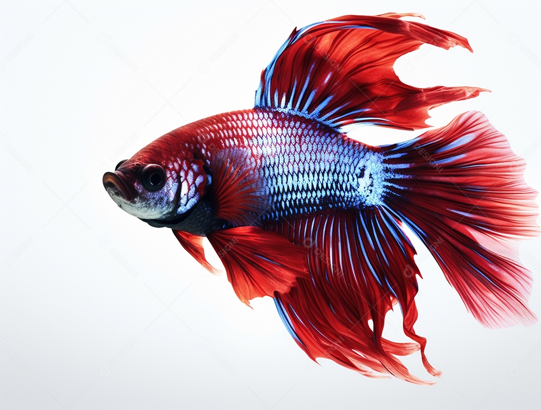 Peixe betta colorido nadando sobre fundo isolado branco.