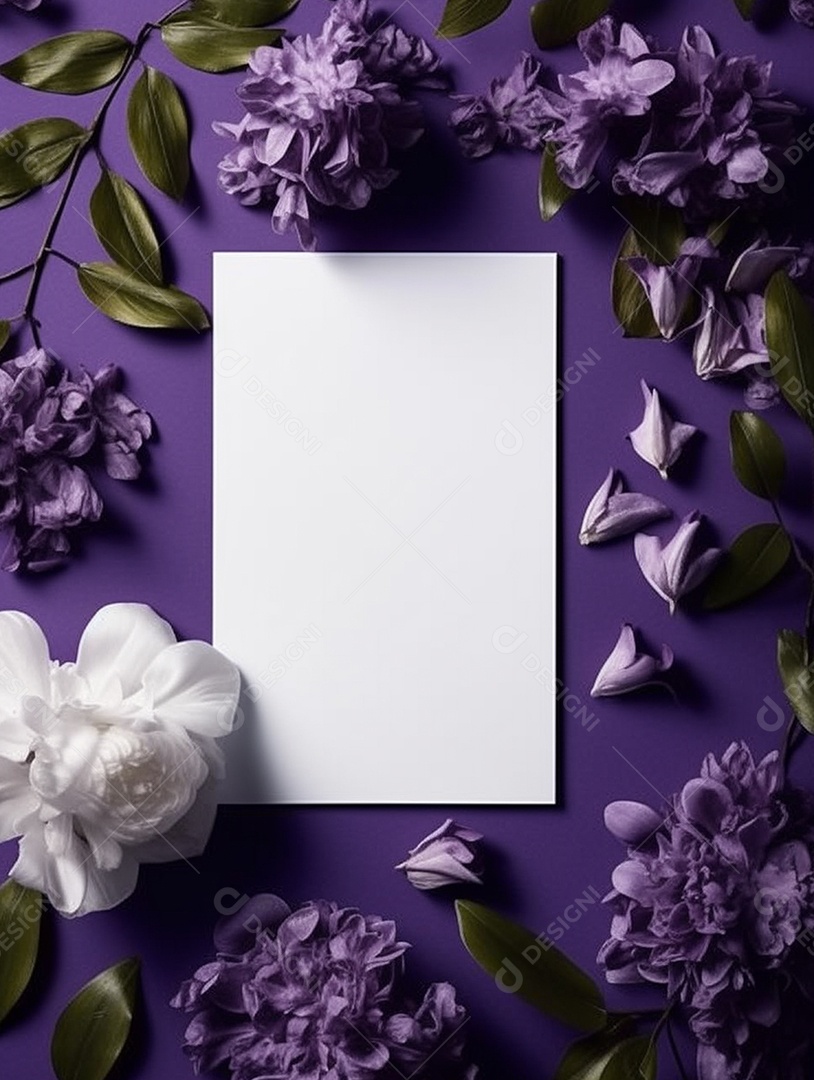 Papel em branco sobre fundo isolado lilás com flores.