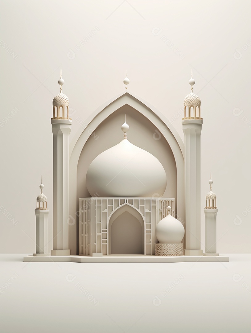 Mesquita islâmica branca com cúpula e torres.