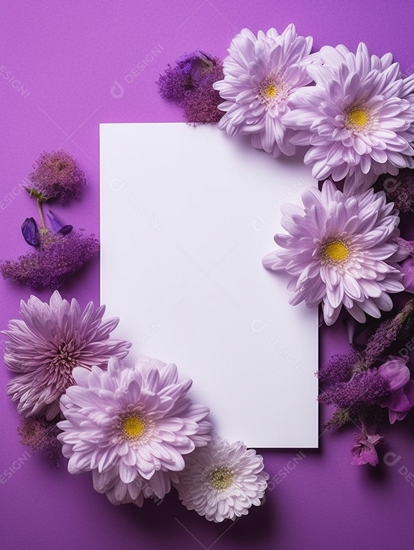 Papel em branco sobre fundo lilás com  flores.