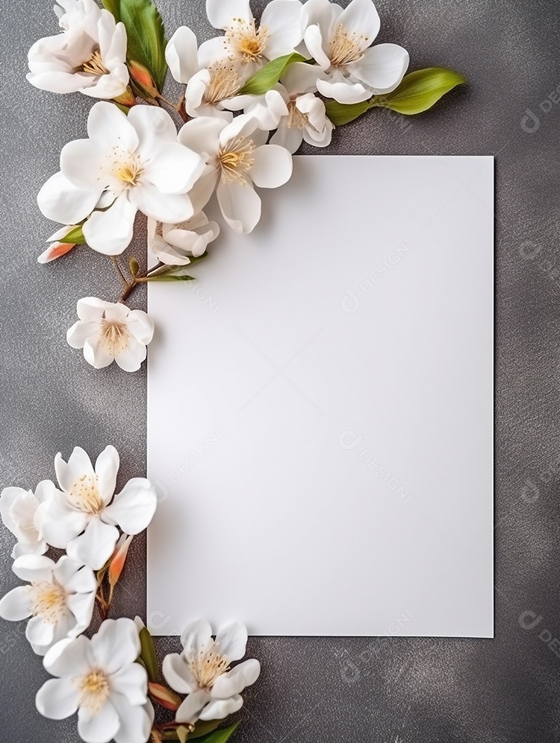 Papel em branco sobre fundo cinza com flores brancas.