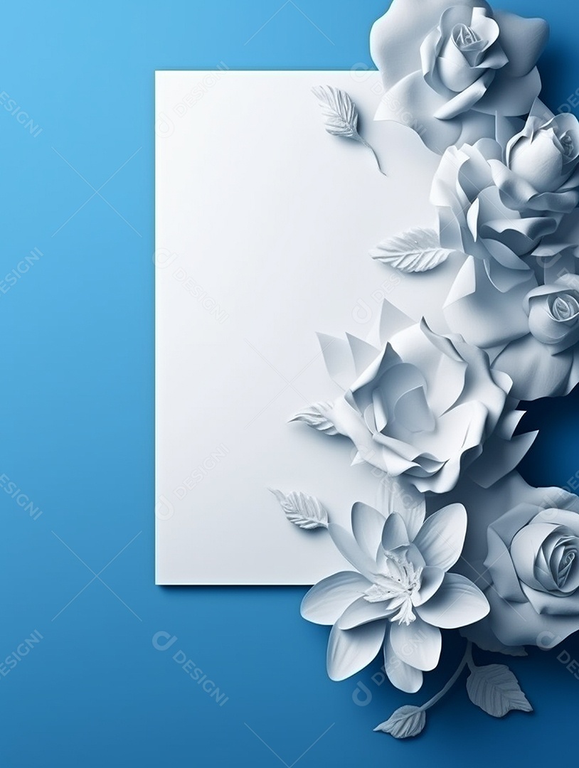 Papel em branco sobre fundo azul com flores brancas.