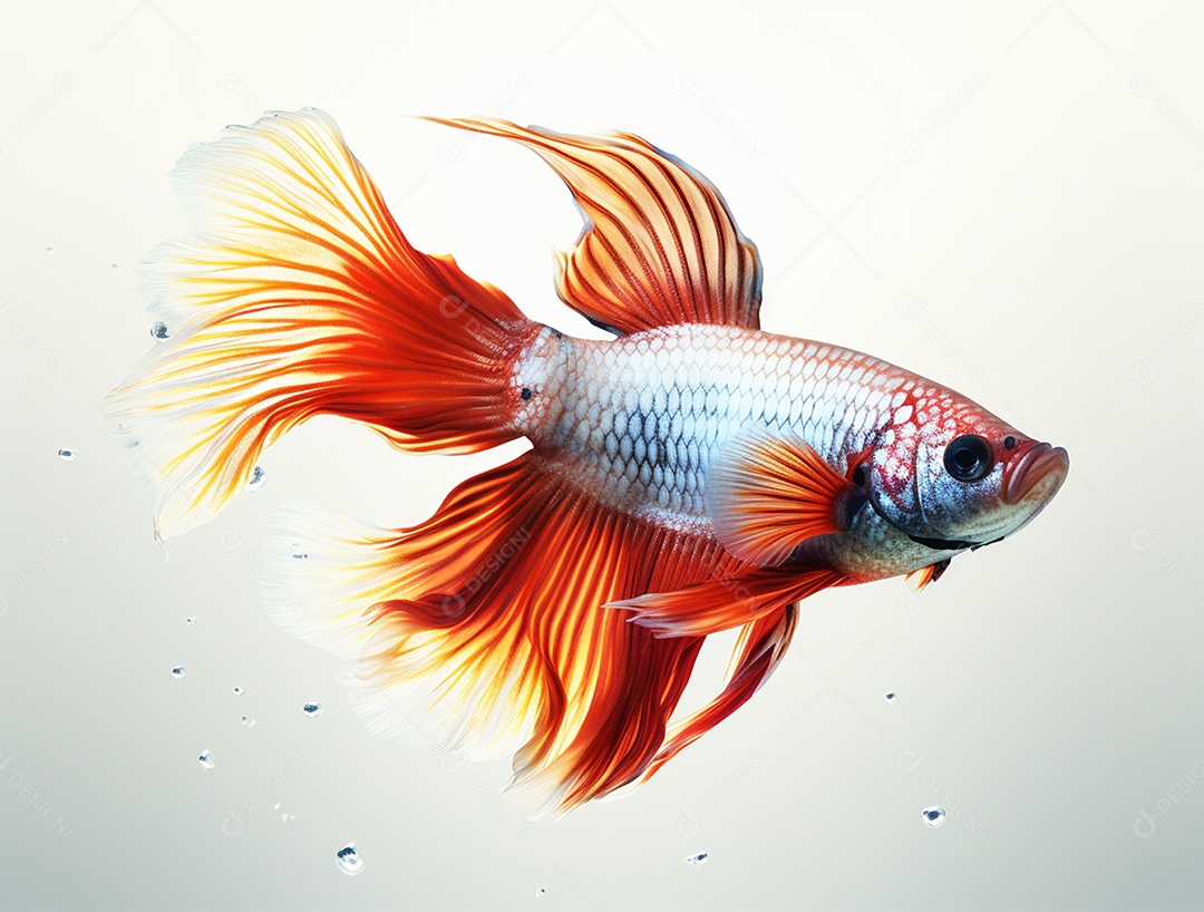 Peixe colorido nadando sobre fundo isolado branco.