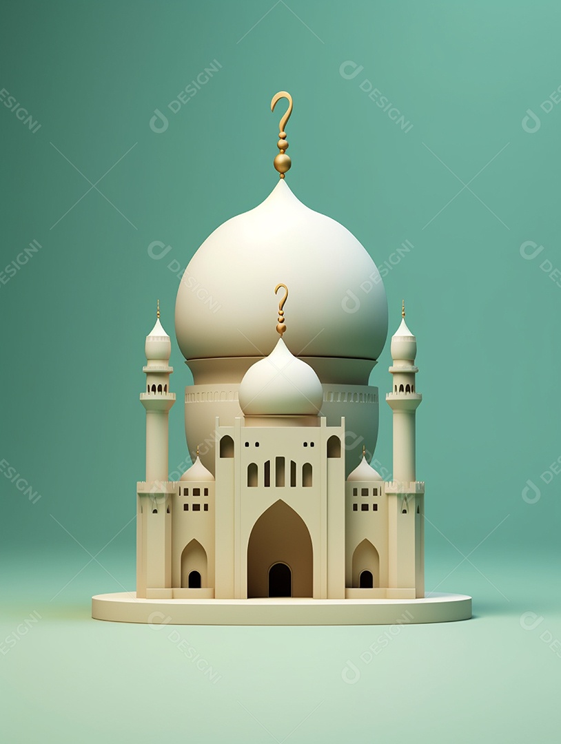 Mesquita islâmica bege com cúpula sobre fundo isolado verde.