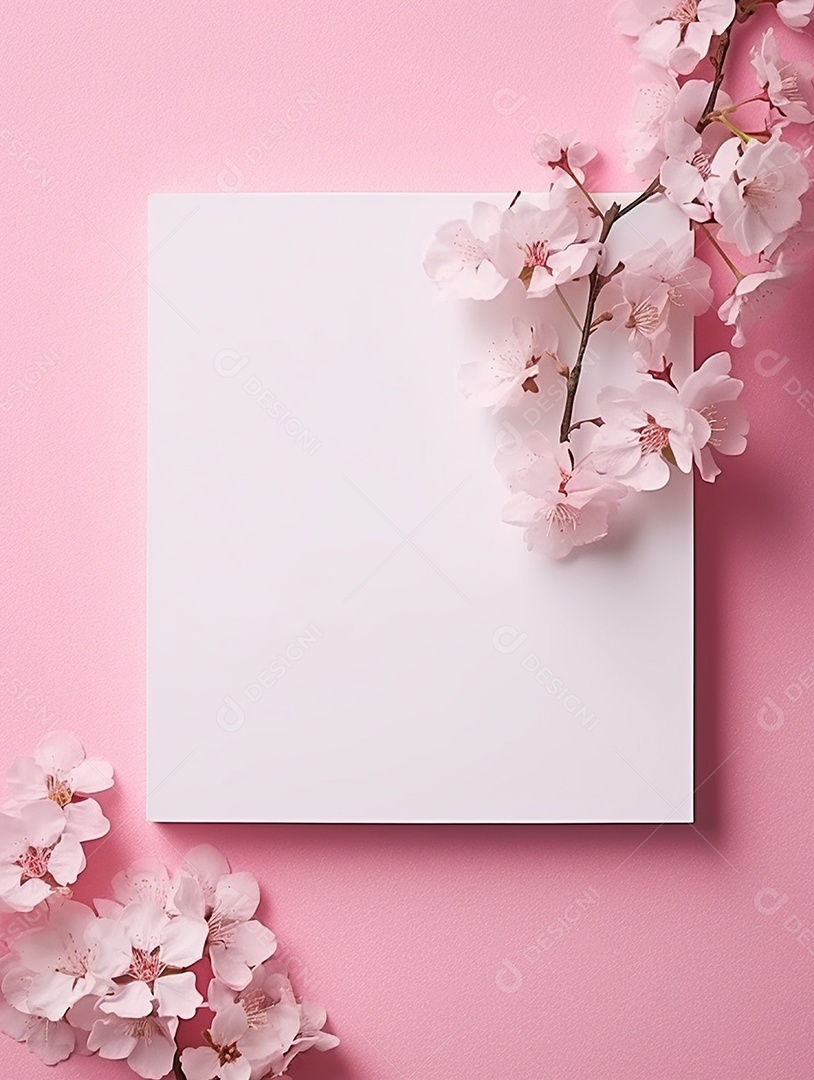 Papel em branco sobre fundo rosa com buquê de flores.