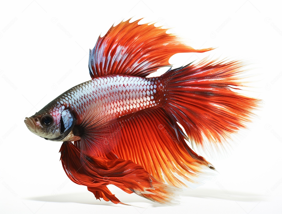 Peixe colorido nadando sobre fundo isolado branco.