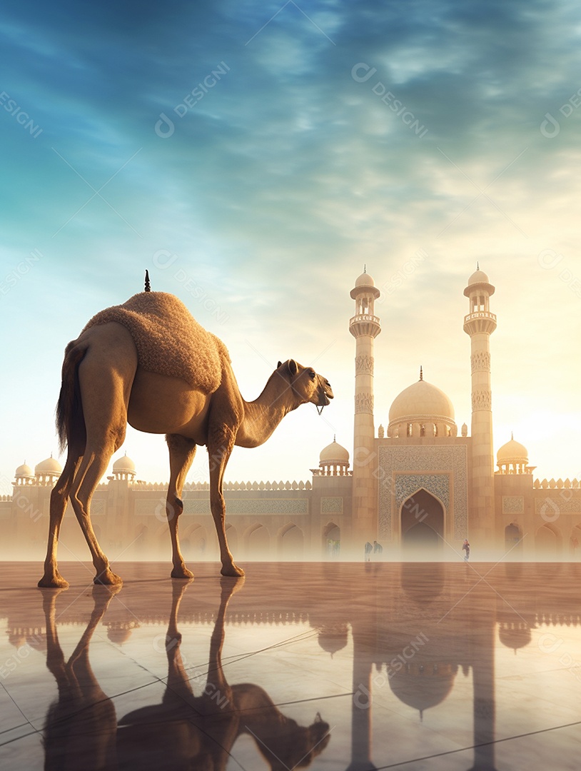 Camelo sobre fundo de uma bela mesquita islâmica.