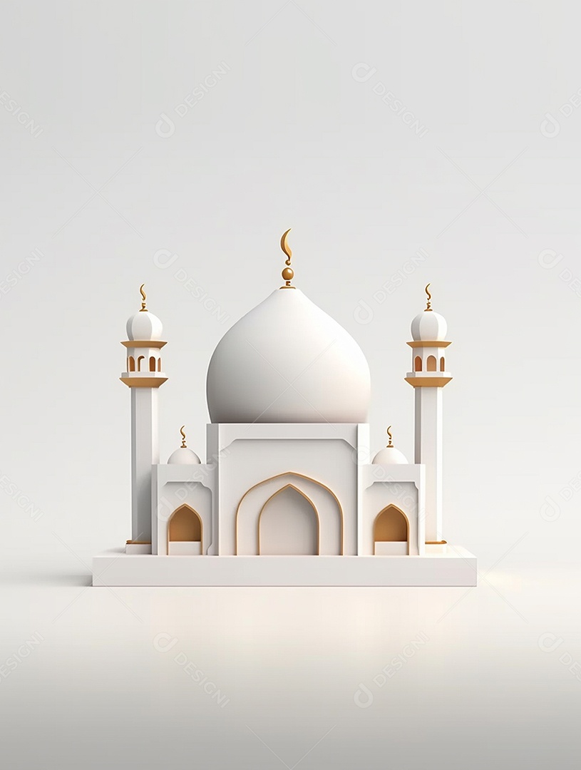 Mesquita islâmica branca com cúpula e torres.