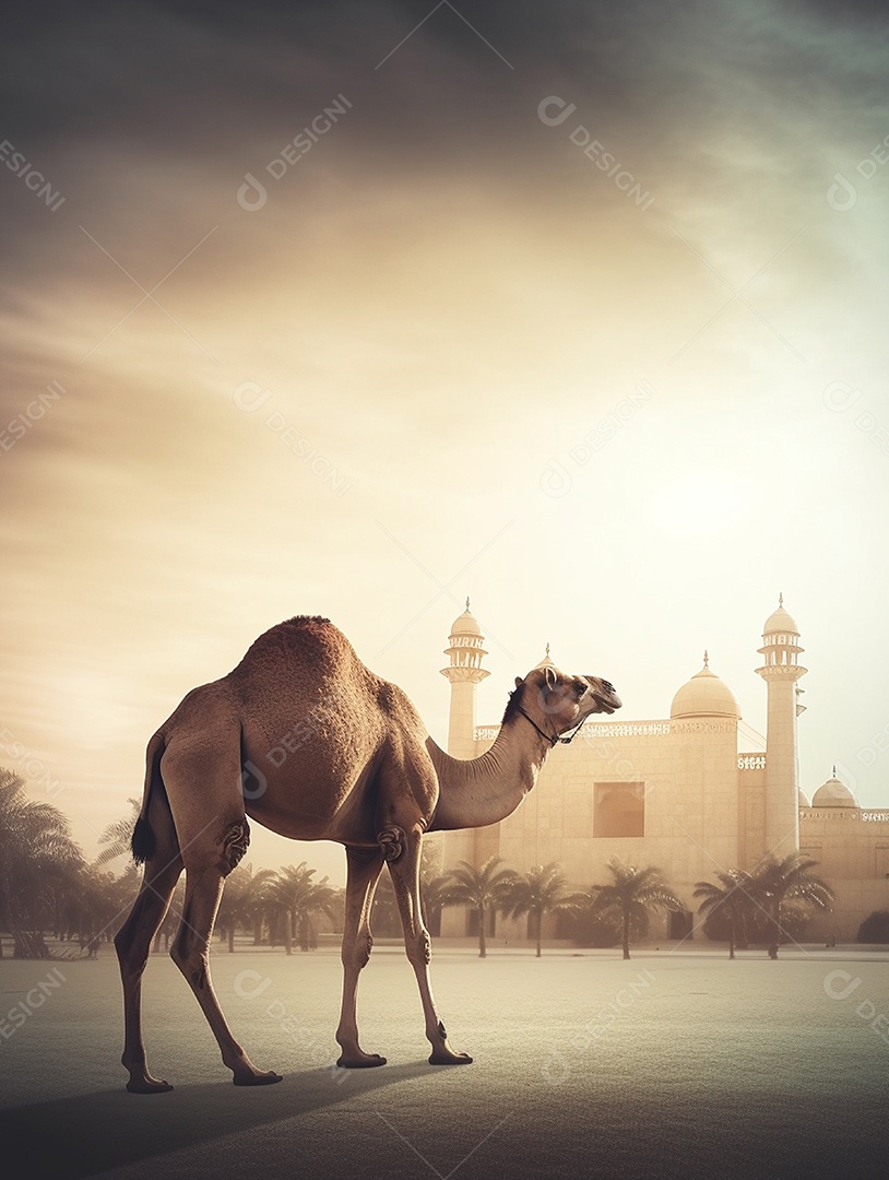 Camelo sobre fundo de uma bela mesquita islâmica.