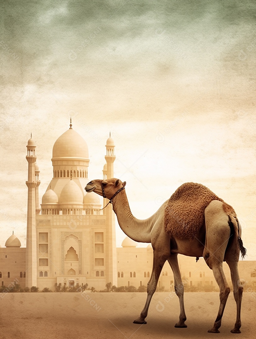 Camelo sobre fundo de uma bela mesquita islâmica.