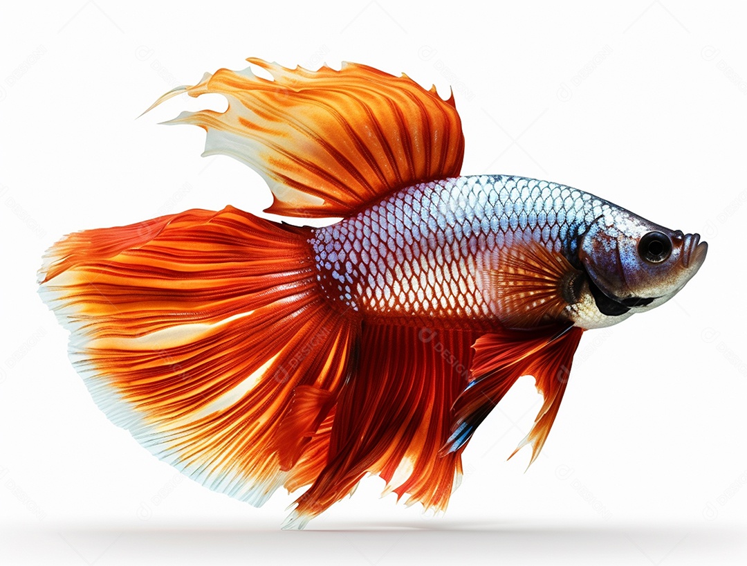 Peixe colorido nadando sobre fundo isolado branco.