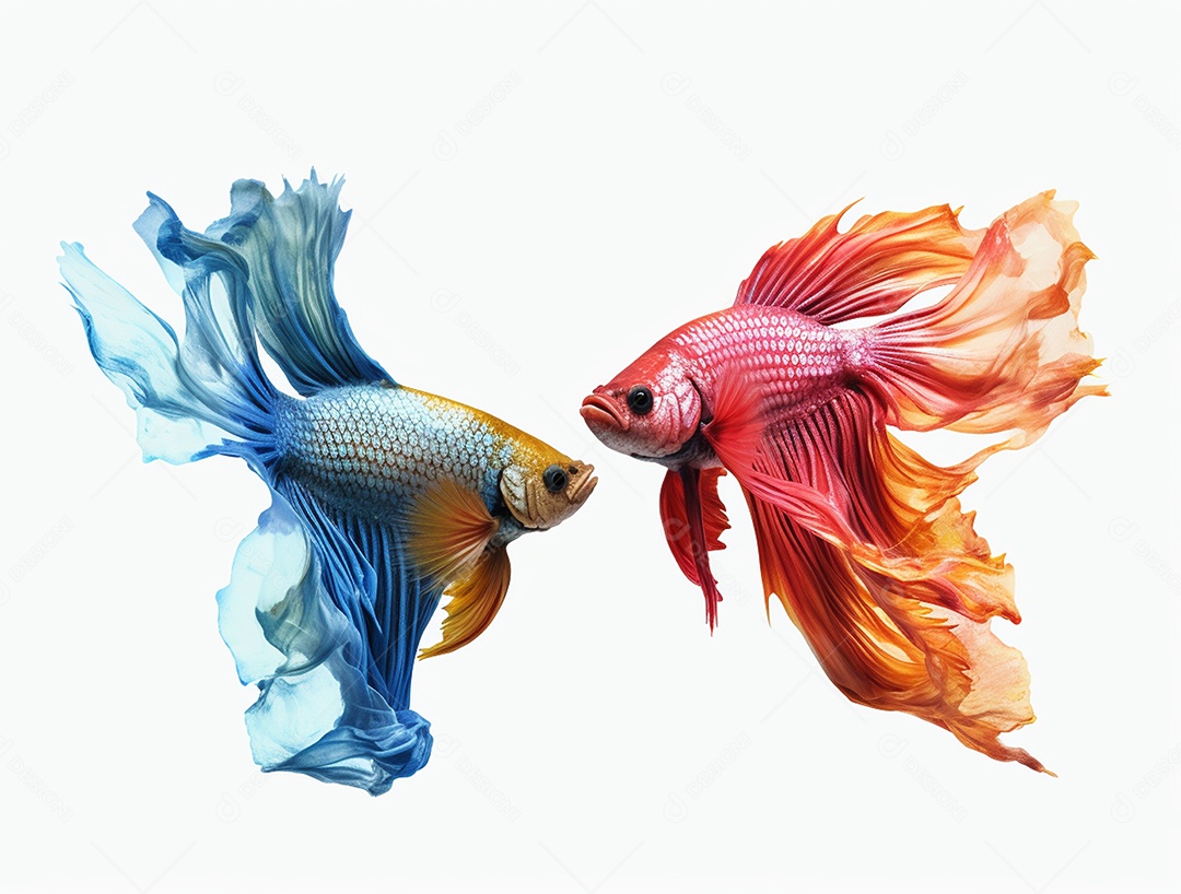 Dois peixes betta colorido nadando sobre fundo isolado branco.