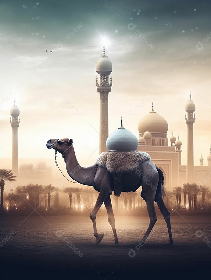 Camelo sobre fundo de uma bela mesquita islâmica.