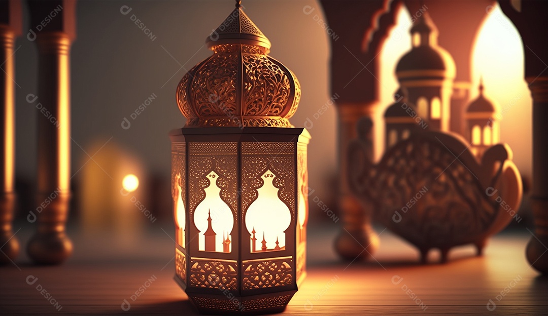 Lamparina islâmica sobre fundo desfocados.