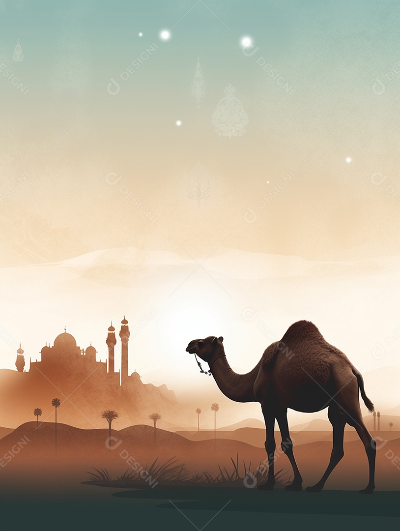 Camelo sobre fundo de uma bela mesquita islâmica.