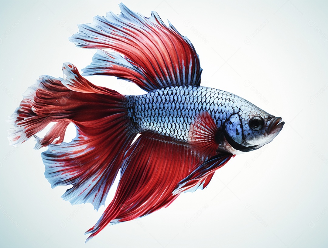 Peixe betta colorido nadando sobre fundo isolado branco.
