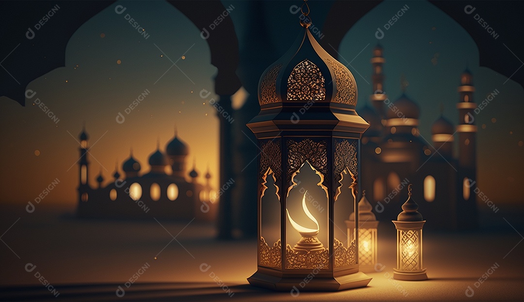 Lamparina islâmica sobre fundo com mesquitas desfocadas