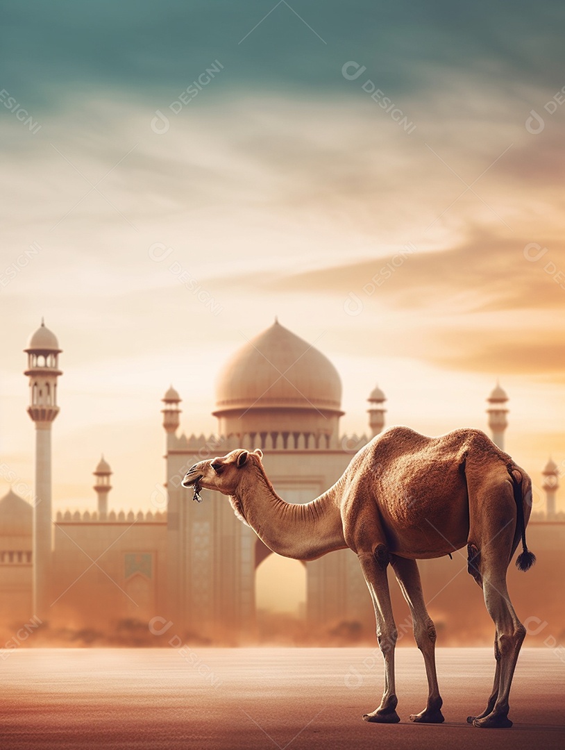Camelo sobre fundo de uma bela mesquita islâmica.