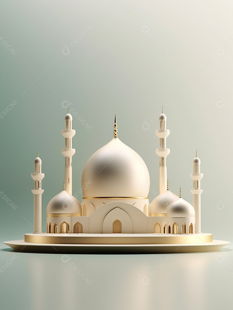 Mesquita islâmica branca com cúpula e torres.