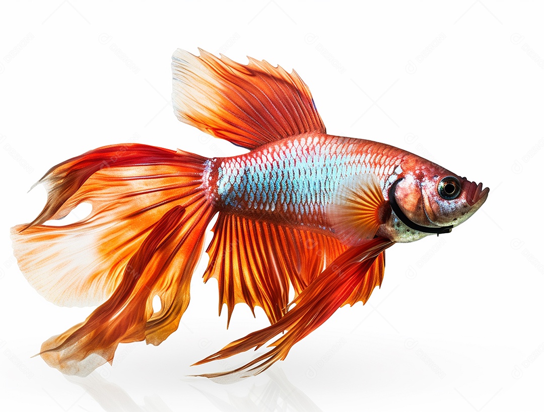 Peixe betta com cauda laranja nadando sobre fundo branco.
