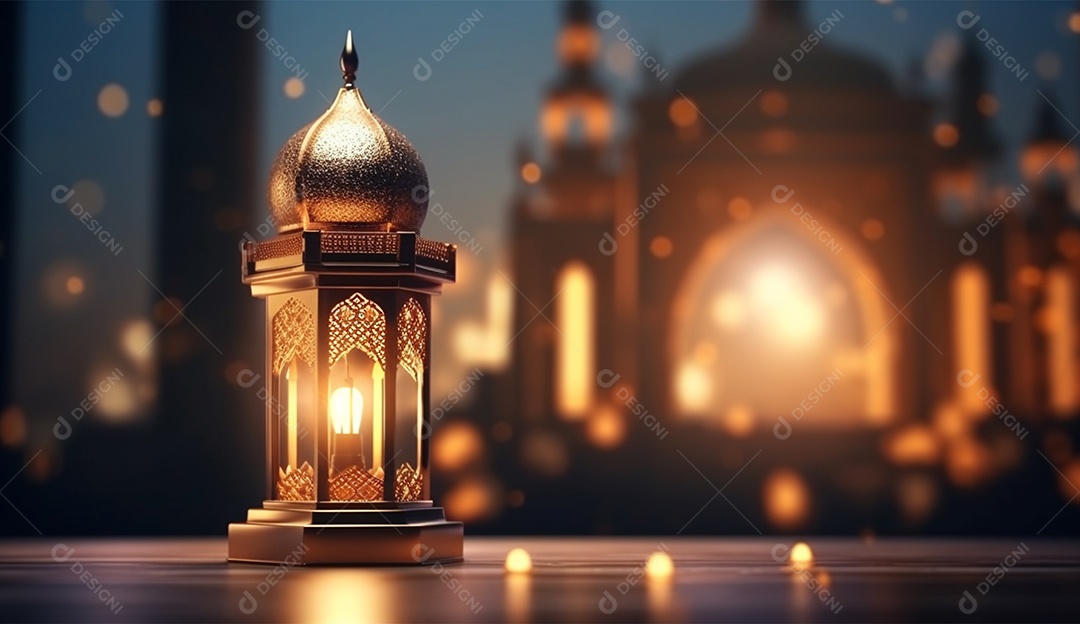 Lamparina islâmica sobre fundo com luzes desfocados.