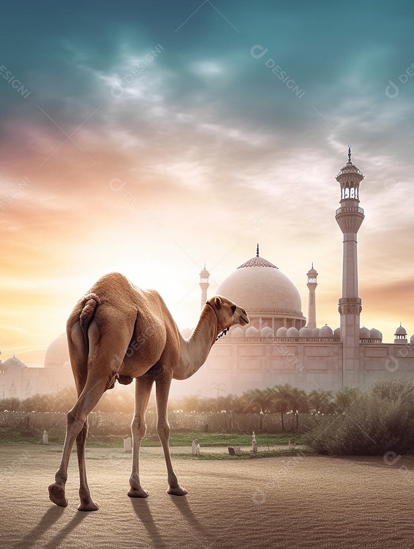 Camelo sobre fundo de uma bela mesquita islâmica.