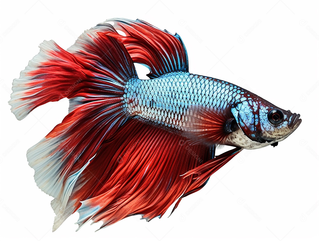 Peixe colorido nadando sobre fundo isolado branco.