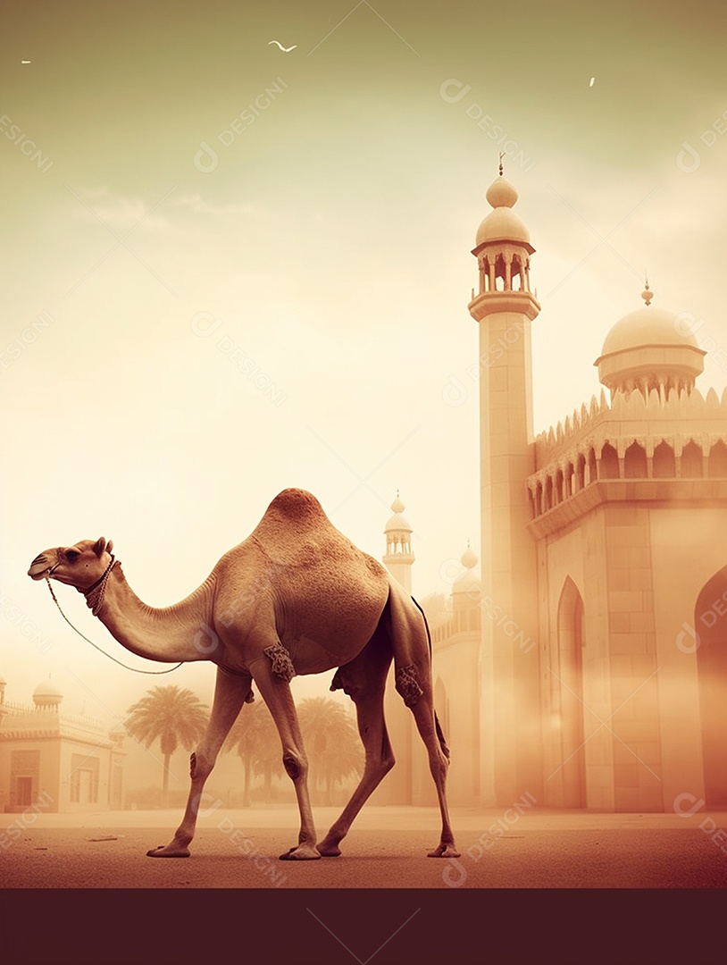 Camelo sobre fundo de uma bela mesquita islâmica.