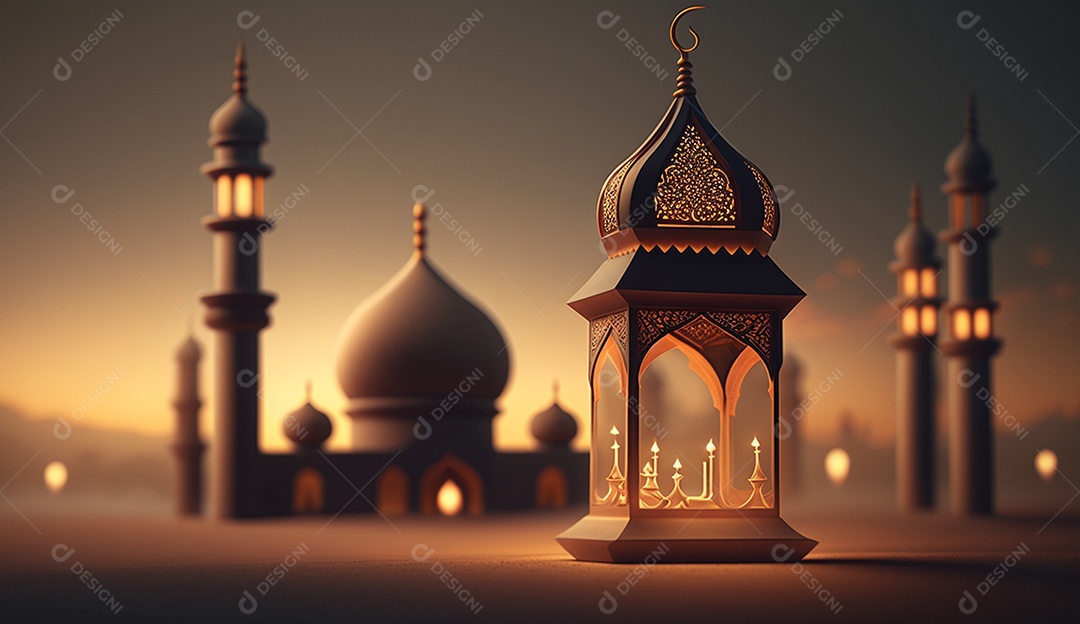 Lamparina islâmica sobre fundo com luzes desfocados.