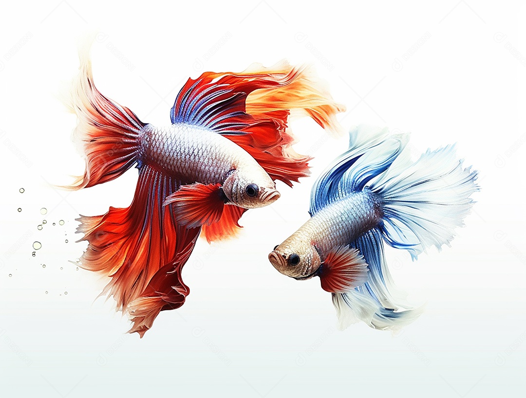 Dois peixes betta colorido nadando sobre fundo isolado branco.