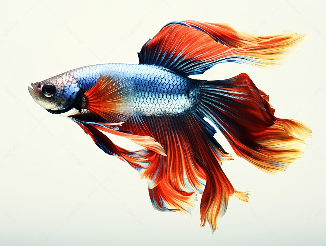 Peixe colorido nadando sobre fundo isolado branco.