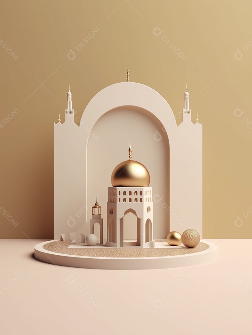 Mesquita islâmica bege com cúpula dourada.
