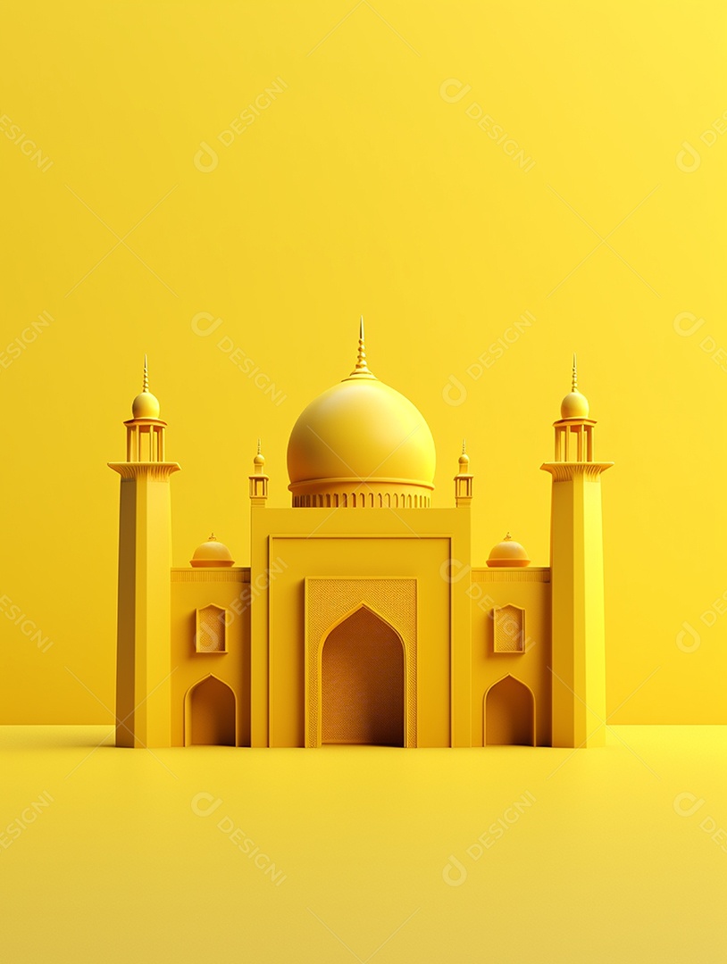 Entrada da mesquita islâmica sobre fundo isolado amarelo.