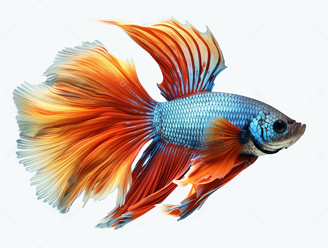 Peixe betta colorido nadando sobre fundo isolado branco.