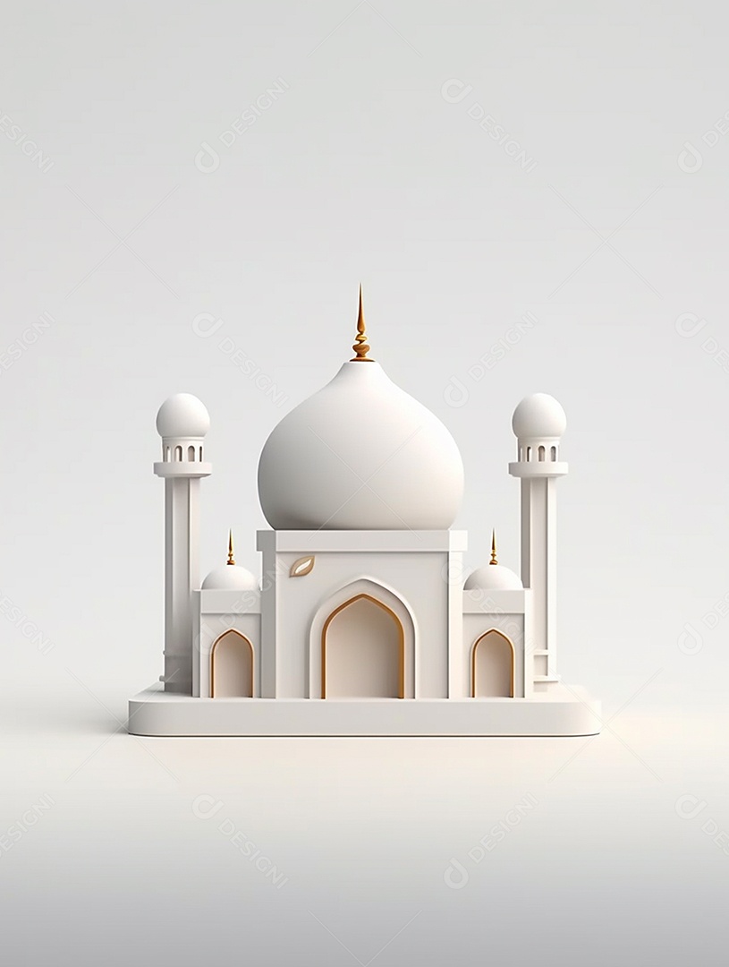 Mesquita islâmica branca com cúpula e torres.