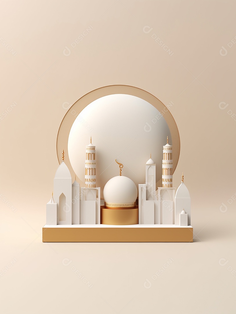 Elementos da mesquita islâmica sobre fundo isolado bege.